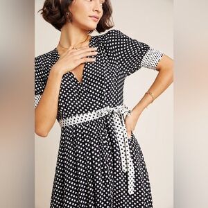 Anthropologie Maeve Breanna Polka Dot Wrap Midi Dress-Black/White-Women Size 8